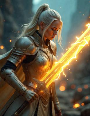 The primary subject of the image is a woman dressed in a medieval-style armor, holding a sword. She is the main focus of the scene. The setting is a dark, possibly underground environment, with a rocky background. The visual style is a combination of photo and digital art, creating a realistic yet fantastical atmosphere. The dominant colors are dark and metallic, with the woman's armor and the sword being the main sources of light in the scene. The overall mood is one of strength, courage
